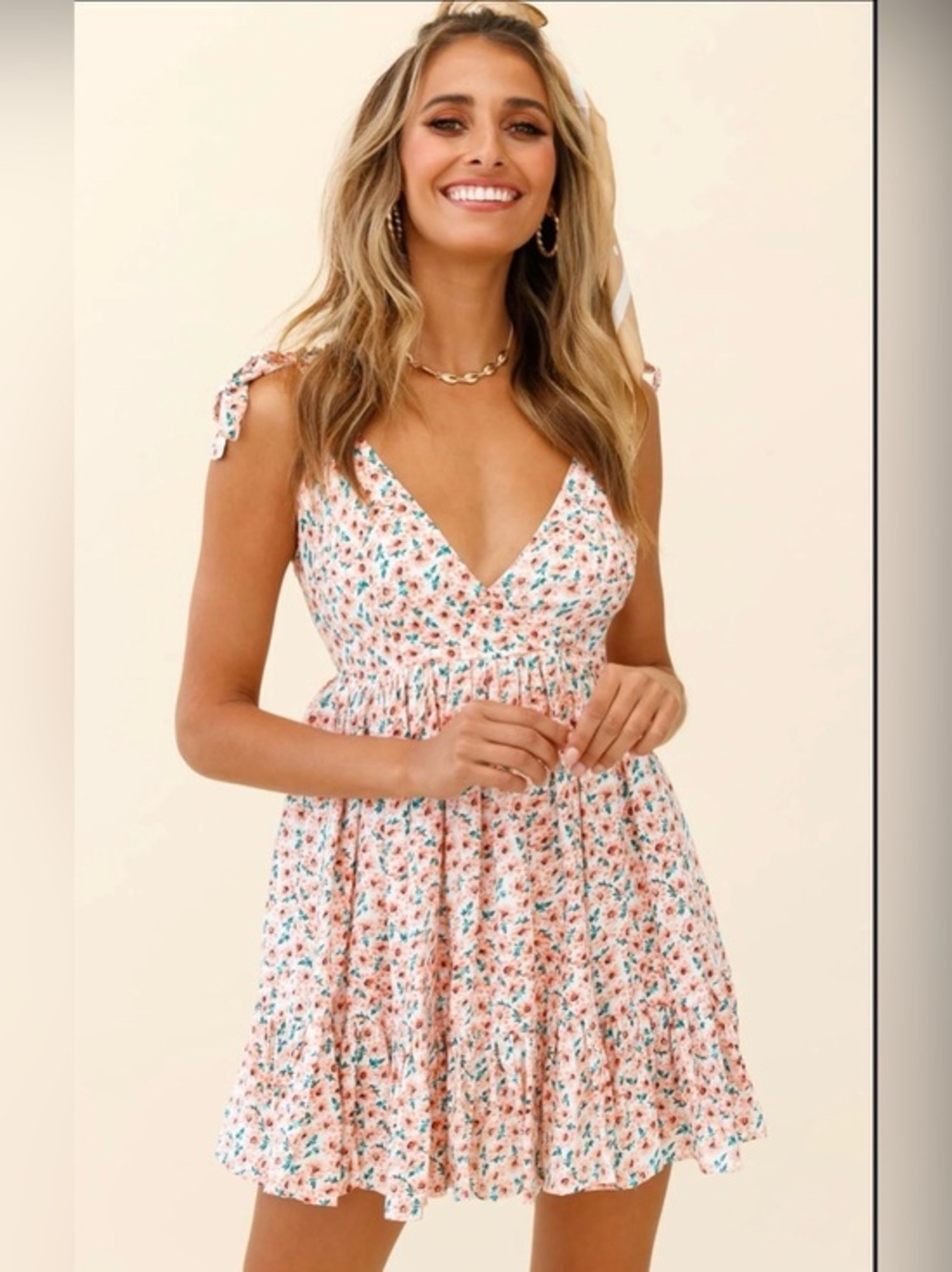 Peach Floral Tie-Shoulder V-Neck Mini Dress